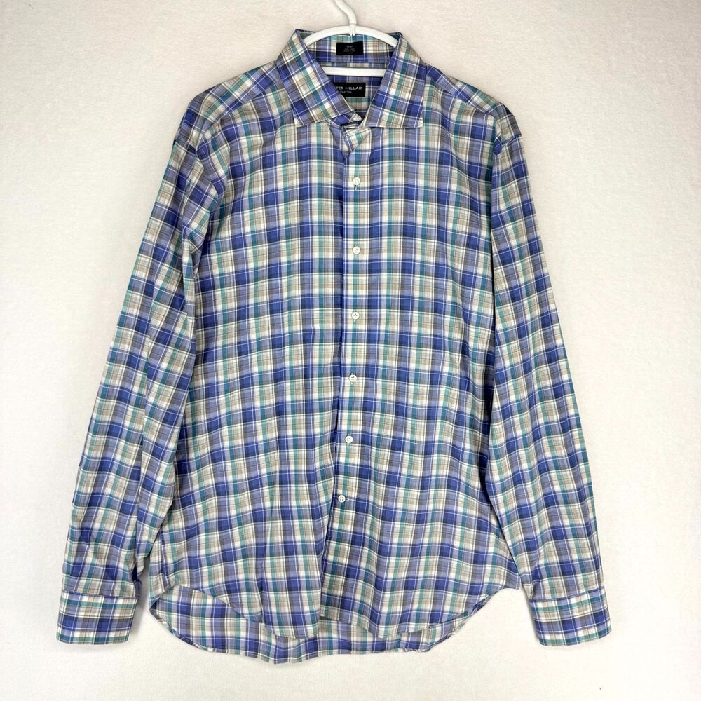 Peter Millar Collection Mens Large Blue Green Plaid Cotton Button Down Shirt